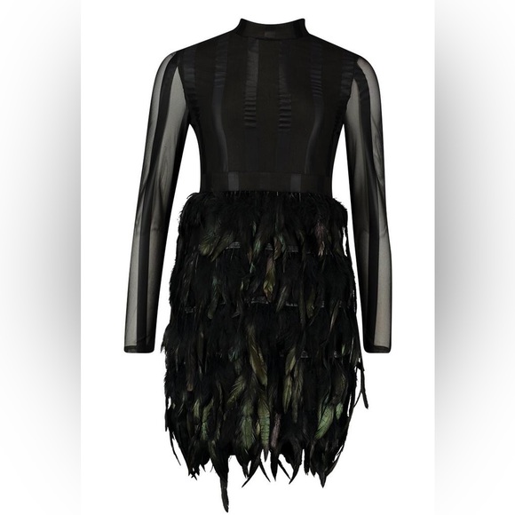 NWT BOOHOO Highneck Feather Skirt Mini Dress - Picture 3 of 12